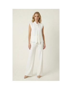 Modenaire Sleeveless Tie Neck Blouse And Wide Leg Pant Set - White