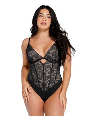 Popilush Shapewear Cutout Corset Hourglass Sculpting Lace Bodysuit - Black