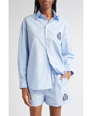 Sporty & Rich Embroidered Crest Oversize Cotton Poplin Button-Up Shirt - Blue