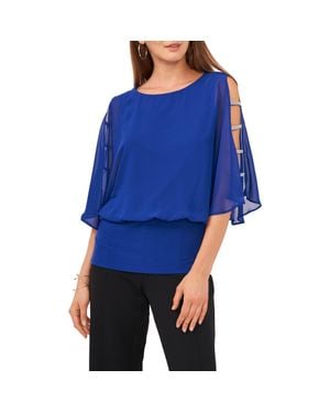 Chaus Split Sleeve Rhinestone Blouse - Blue