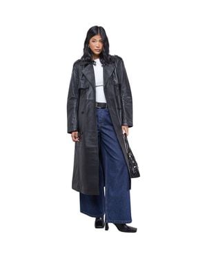 Warehouse Real Leather Belted Trench Coat - Blue