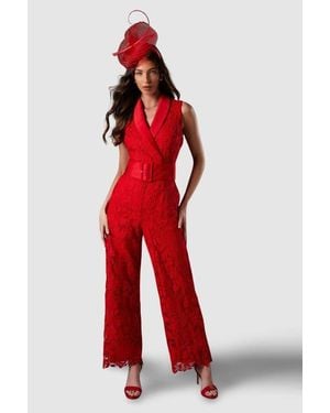 Coast Lisa Tan Lace Belted Jumpsuit - Red