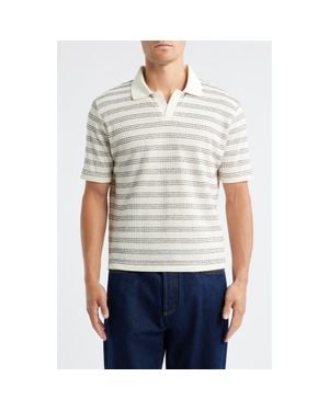 Percival Laurent Stripe Johnny Collar Cotton Blend Polo - White