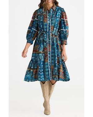 Talisman the Label Castella Patchwork Print Long Sleeve Cotton Shirtdress - Blue