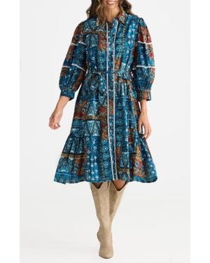 Talisman the Label Castella Patchwork Print Long Sleeve Cotton Shirtdress - Blue
