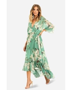 Yumi' Dip Hem Kimono Sleeve Dress - Green