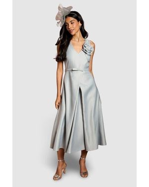 Coast Structured Satin 3D Corsage Midi Dress - Gray