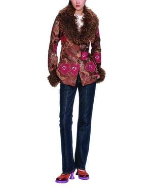 Anna Sui Poiret Rose Embroidered Faux Suede Faux Fur Trim Jacket