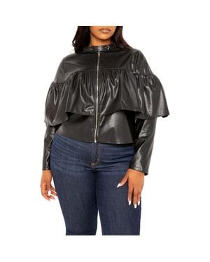 Buxom Couture Ruffle Crop Faux Leather Jacket - Black