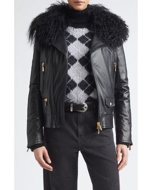 Eleventy Genuine Shearling Collar Leather Biker Jacket - Black