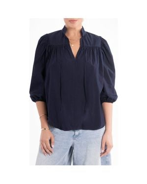 ocean + main Cotton Tie Neck 3/4 Sleeve Top - Blue
