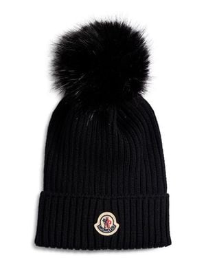 Moncler Kids' Merino Wool Rib Beanie With Faux Fur Pompom - Black