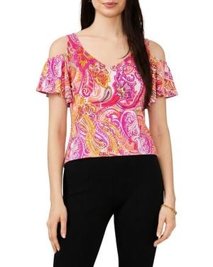 Chaus Print Cold Shoulder Top - Red