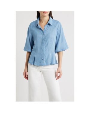 Wit & Wisdom Bubble Sleeve Flare Button-Up Chambray Top - Blue