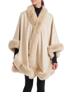 Sofiacashmere Faux Fur Trim Cashmere Cape - Natural