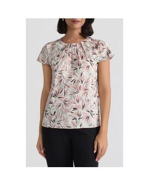 Kasper Pleated Neck Fan Print Top - White