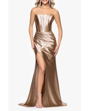 Betsy & Adam Kenya Satin Strapless Corset Gown - Brown