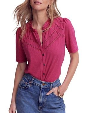 Boden Lace Trim Short Sleeve Cotton Button-Up Shirt - Red