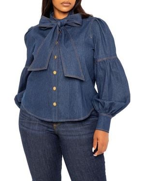 Buxom Couture Bow Neck Puff Shoulder Denim Shirt - Blue