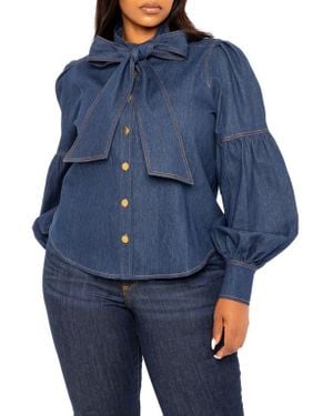 Buxom Couture Bow Neck Puff Shoulder Denim Shirt - Blue