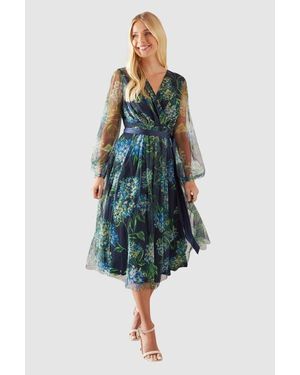 Wallis Petite Floral Mesh Satin Tie Midi Dress - Blue