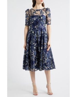 Eliza J Sequin Floral Embroidery Fit & Flare Cocktail Midi Dress - Blue