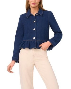 Cece Floral Button Peplum Denim Jacket - Blue