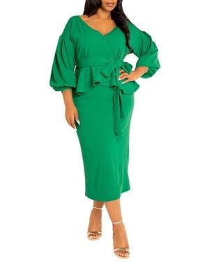 Buxom Couture Convertible Shoulder Belted Peplum Midi Dress - Green
