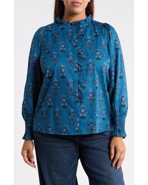 Sugarlips Minny Placed Floral Cotton Button-Up Shirt - Blue