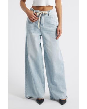 PTCL Lyla Tie High Waist Waist Fray Hem Wide Leg Jeans - Blue