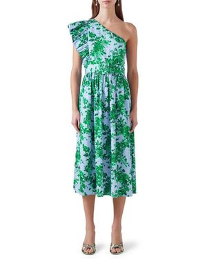 LK Bennett Maud Neon Print Belted One-Shoulder Midi Dress - Green