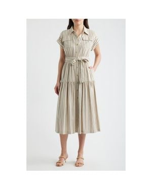 ZOE AND CLAIRE Stripe Belted Linen Midi Shirtdress - Natural