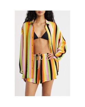 Rip Curl X Farm Rio Neon Stripe Relaxed Button-Up Shirt - Yellow