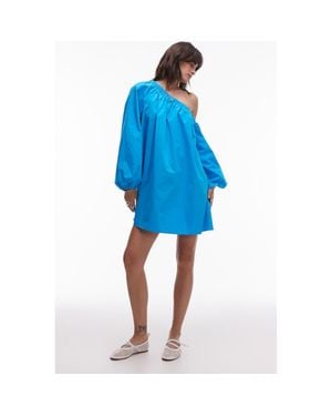 TOPSHOP One-Shoulder Long Sleeve Trapeze Cotton Poplin Minidress - Blue