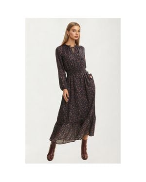 Knit & Lounge Long Sleeve Smocked Waist Floral Midi Dress - Black