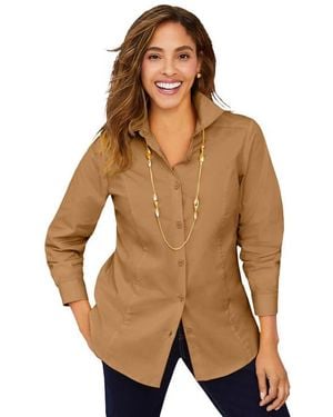 Jessica London Wrinkle-Free Stretch Poplin Shirt - Brown