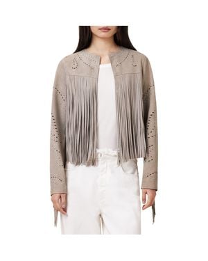 AllSaints Asta Studded Fringe Suede Jacket - Brown