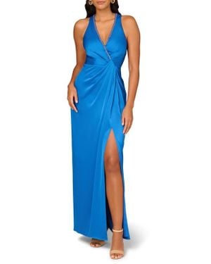Aidan Mattox by Adrianna Papell Beaded Trim Draped Satin Gown - Blue