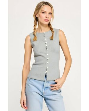 Modenaire Sleeveless Ribbed Knit Top With Off-Center Button Front Detail - White