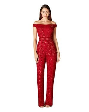 LARA New York Beaded Off Shoulder Jumpsuit - Red