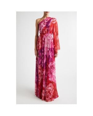 St. John Le Jardin Print Georgette One-Shoulder Gown - Red
