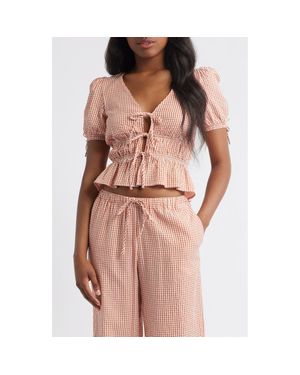 Wayf X Styled By Coco! Nina Gingham Seersucker Tie Front Top - Pink