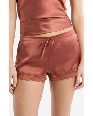 Etam Milky Lace Trim Washable Silk Satin Pajama Shorts - Red