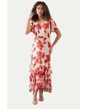 Wallis Floral Frill Hem Chiffon Maxi Dress - Red