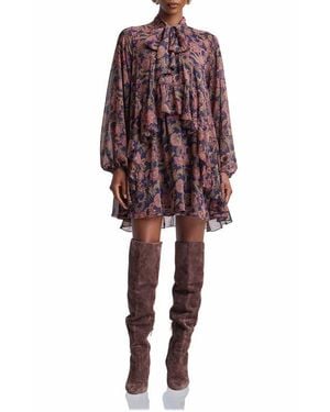 Avec Les Filles Paisley Print Long Sleeve Chiffon Tie Neck Dress - Red