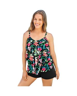 Swim 365 Longer Length V Neck Tiered Ruffle Tummy Control Tankini Top - Black