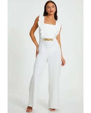 Quiz Scuba Crepe Chain Front Frill Jumpsuit - White