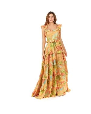 LARA New York Ruffle Printed Gown With Straps - Metallic