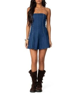Edikted Fara Studded Strapless Godet Denim Minidress - Blue