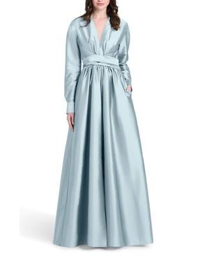 EMILY SHALANT Surplice Long Sleeve Taffeta Gown - Blue